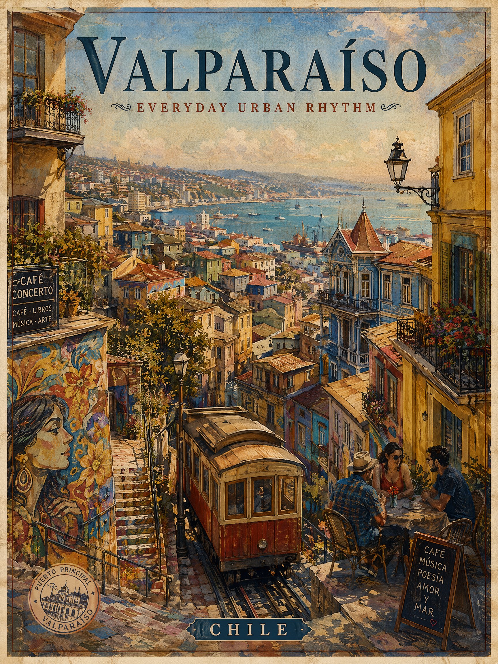 Póster turístico vintage de Valparaíso con textura de ciudad en cerro