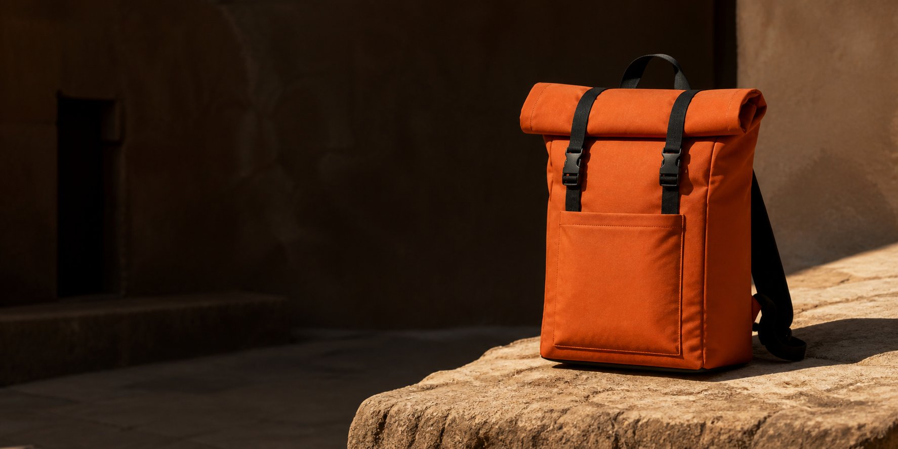 Orange roll-top backpack on sunlit sandstone in a dark architectural courtyard
