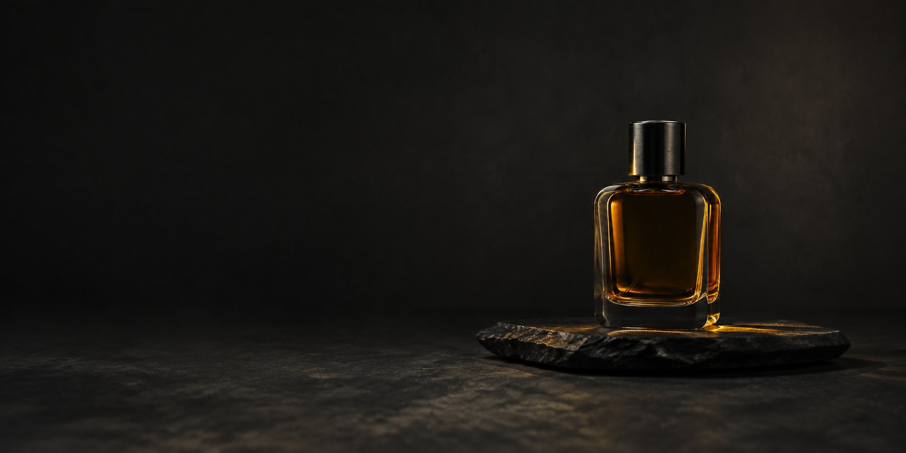 Amber glass fragrance bottle on dark stone, lit from the side