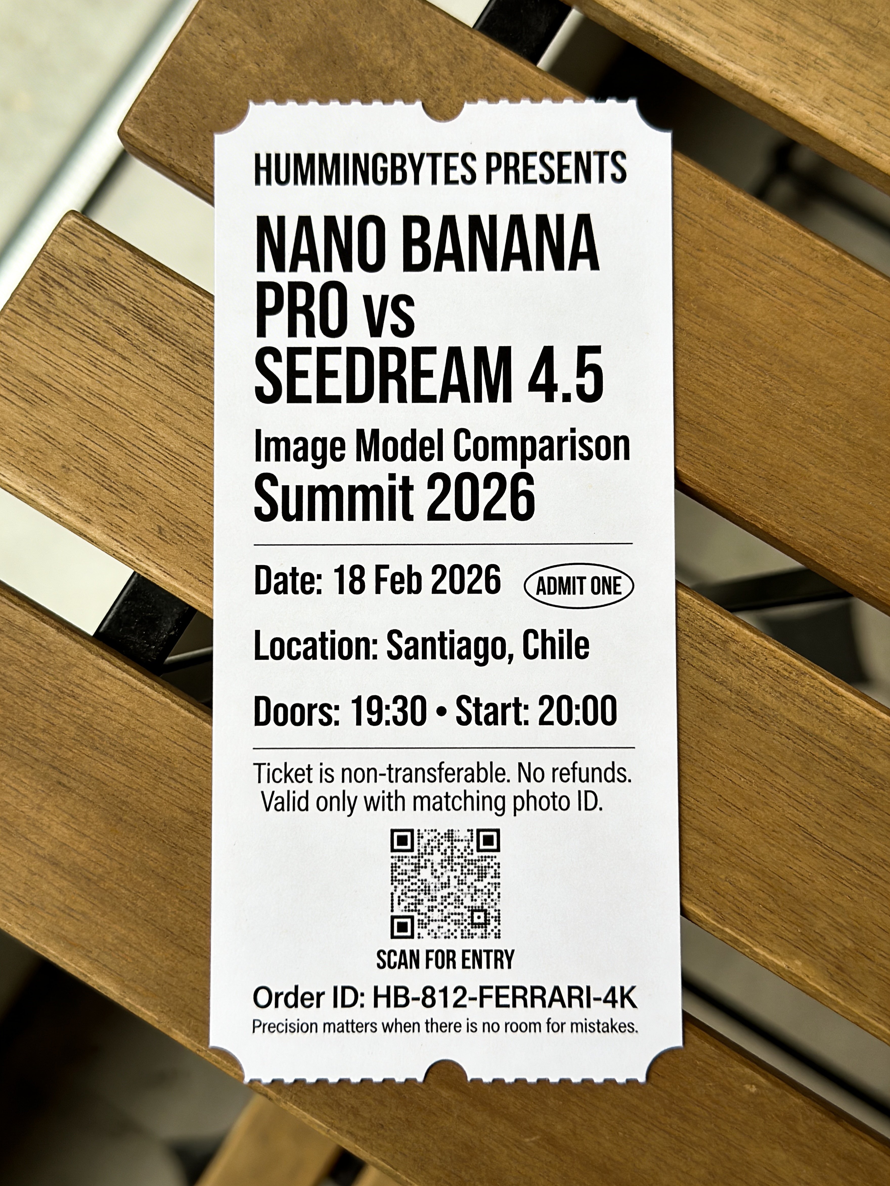 Printed event ticket text rendering test by Seedream 4.5 with stronger text legibility and cleaner typography