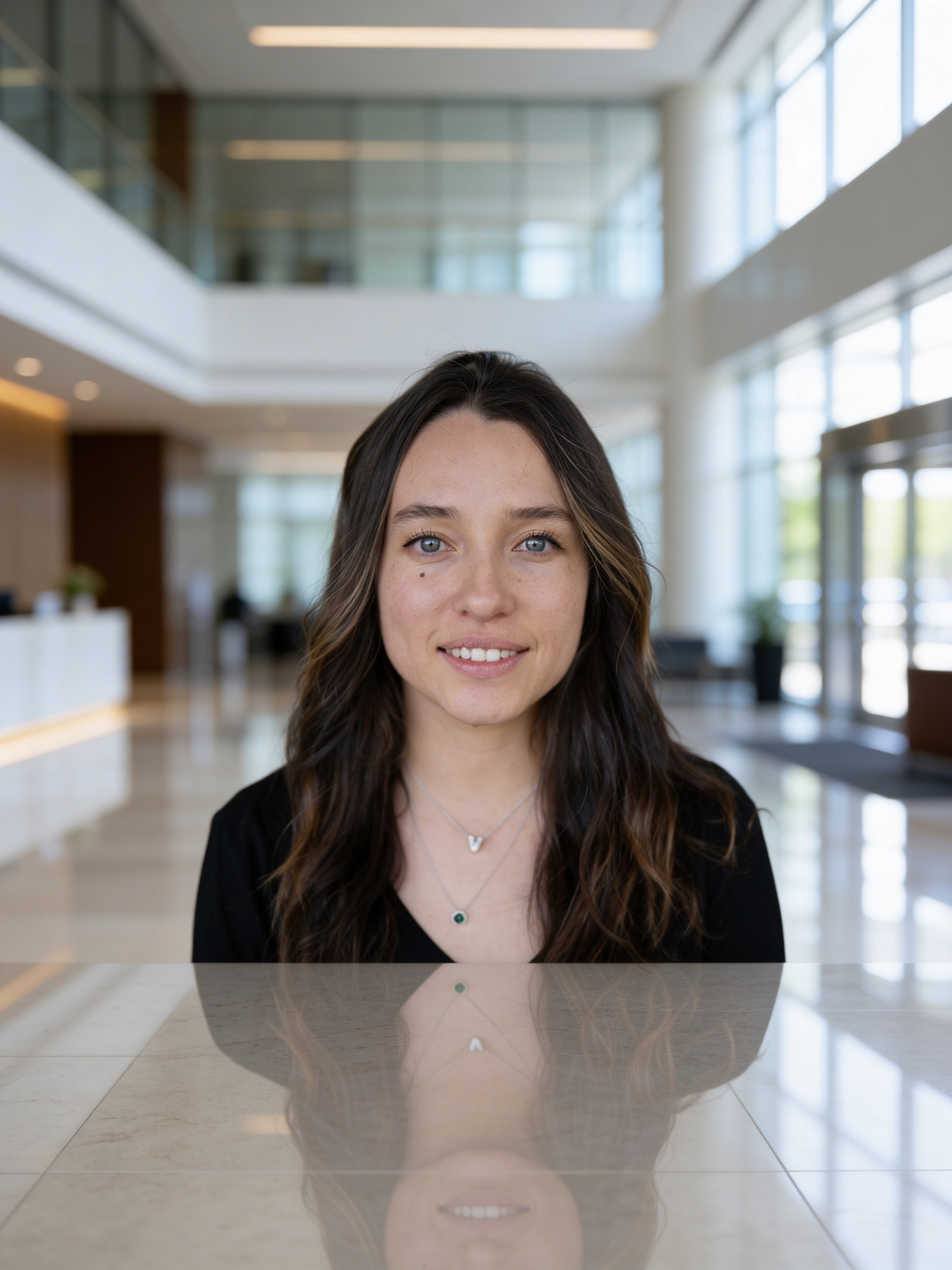 Portrait with background replaced to corporate office lobby by Seedream 4.5