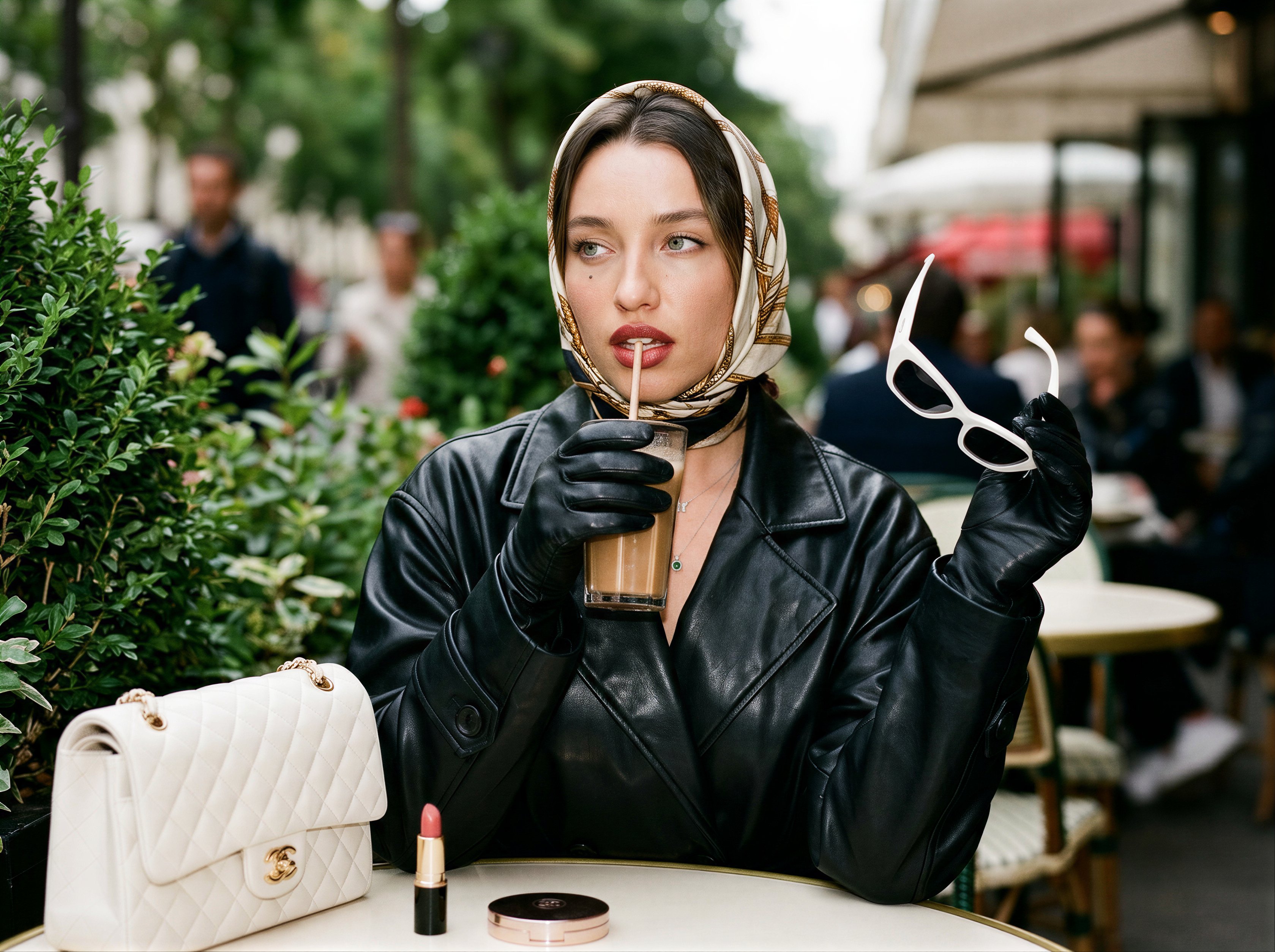 Reference-guided portrait of a woman in a black leather outfit and patterned headscarf at an outdoor cafe