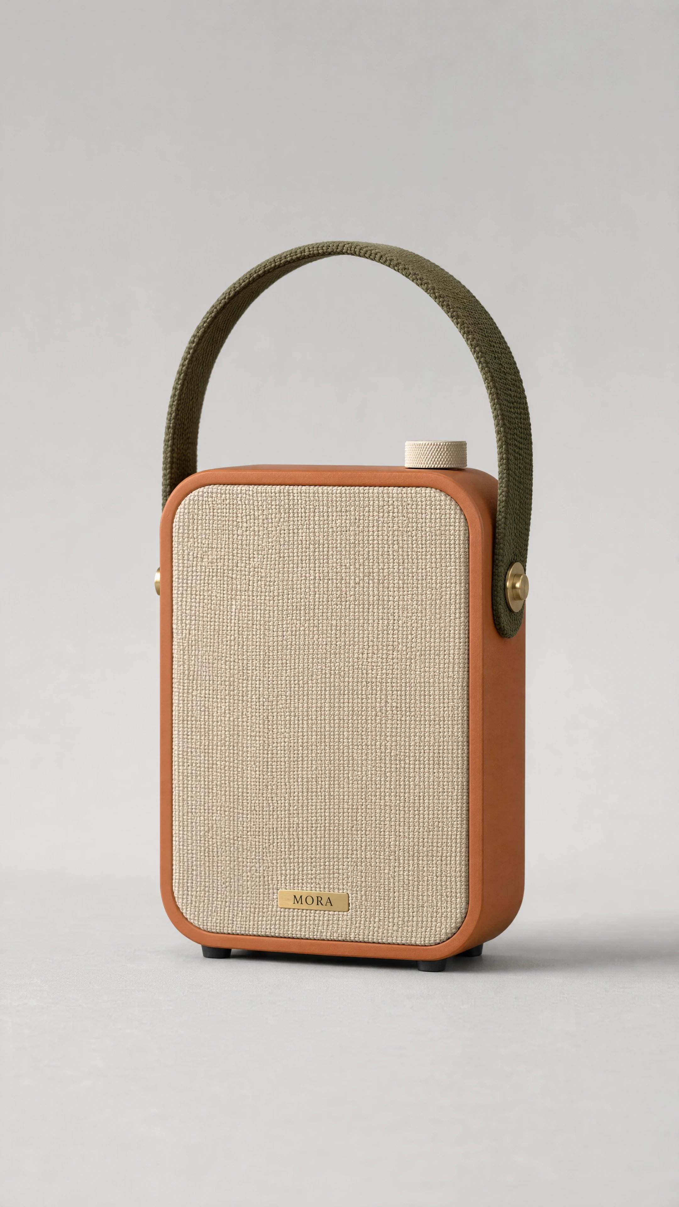 AI-generated reference of a terracotta MORA portable speaker with an ivory grille and olive carry handle