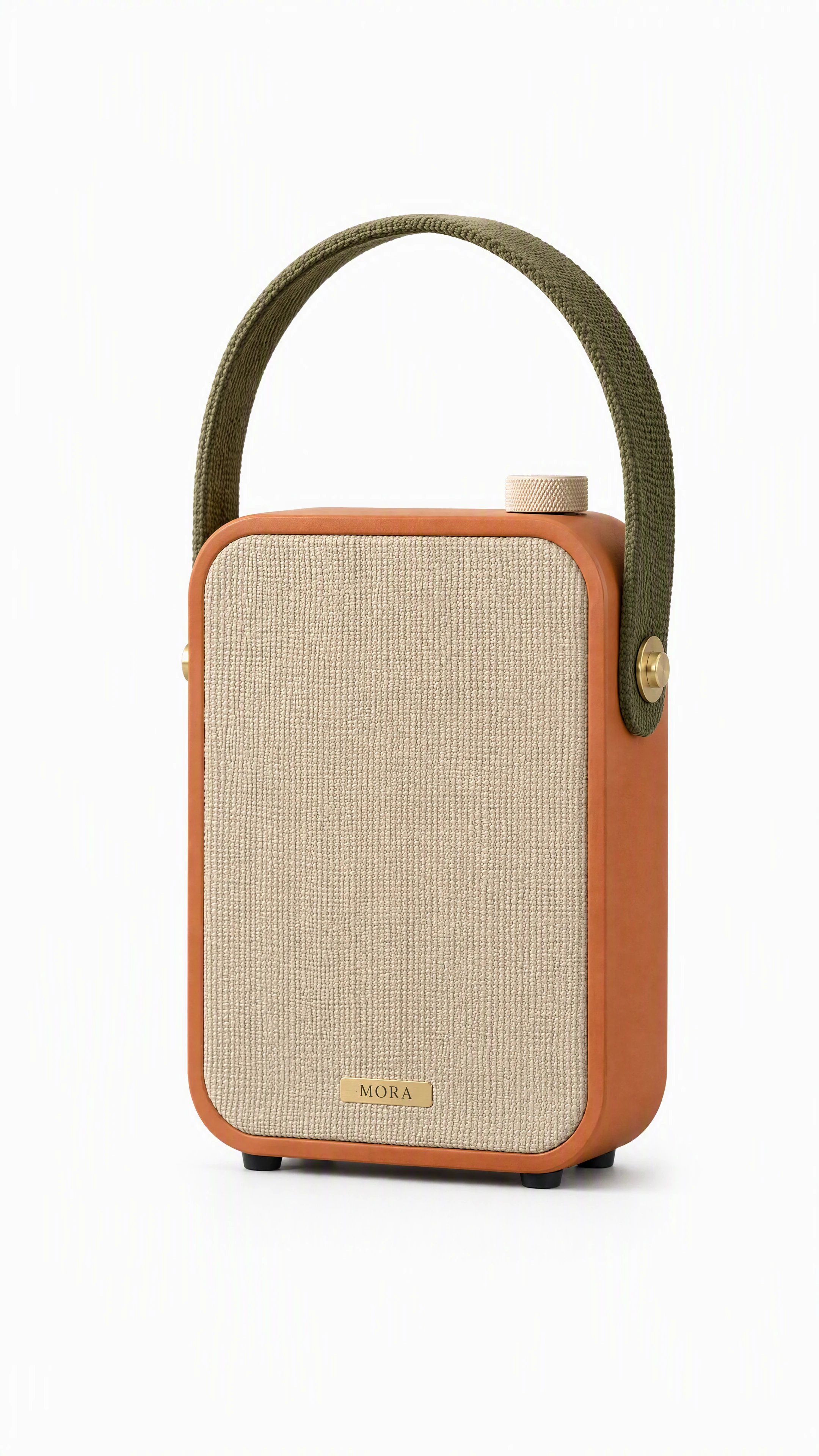 AI-generated terracotta MORA speaker with an ivory woven grille on a white background