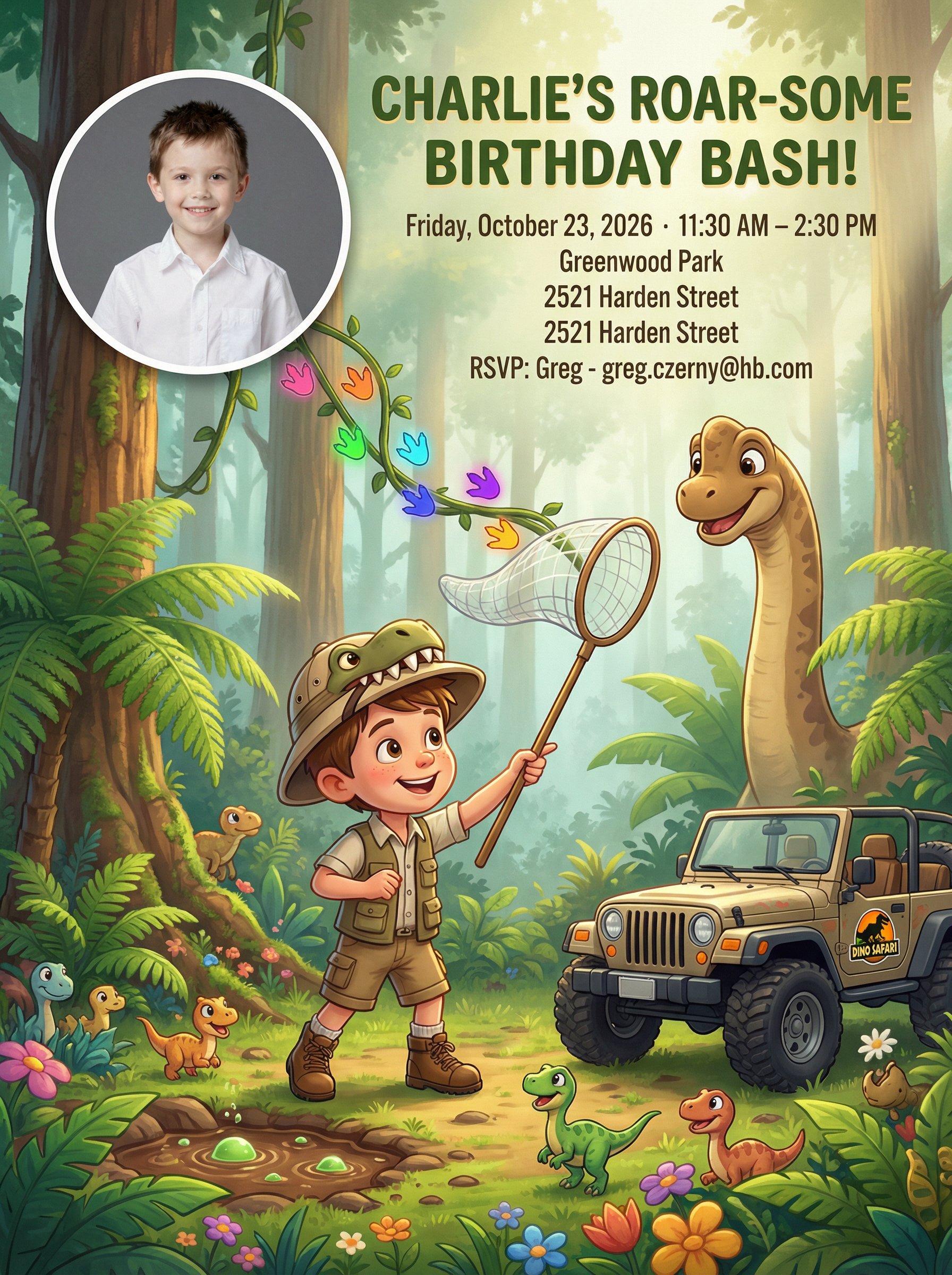 Dinosaur birthday invitation in a leafy prehistoric scene