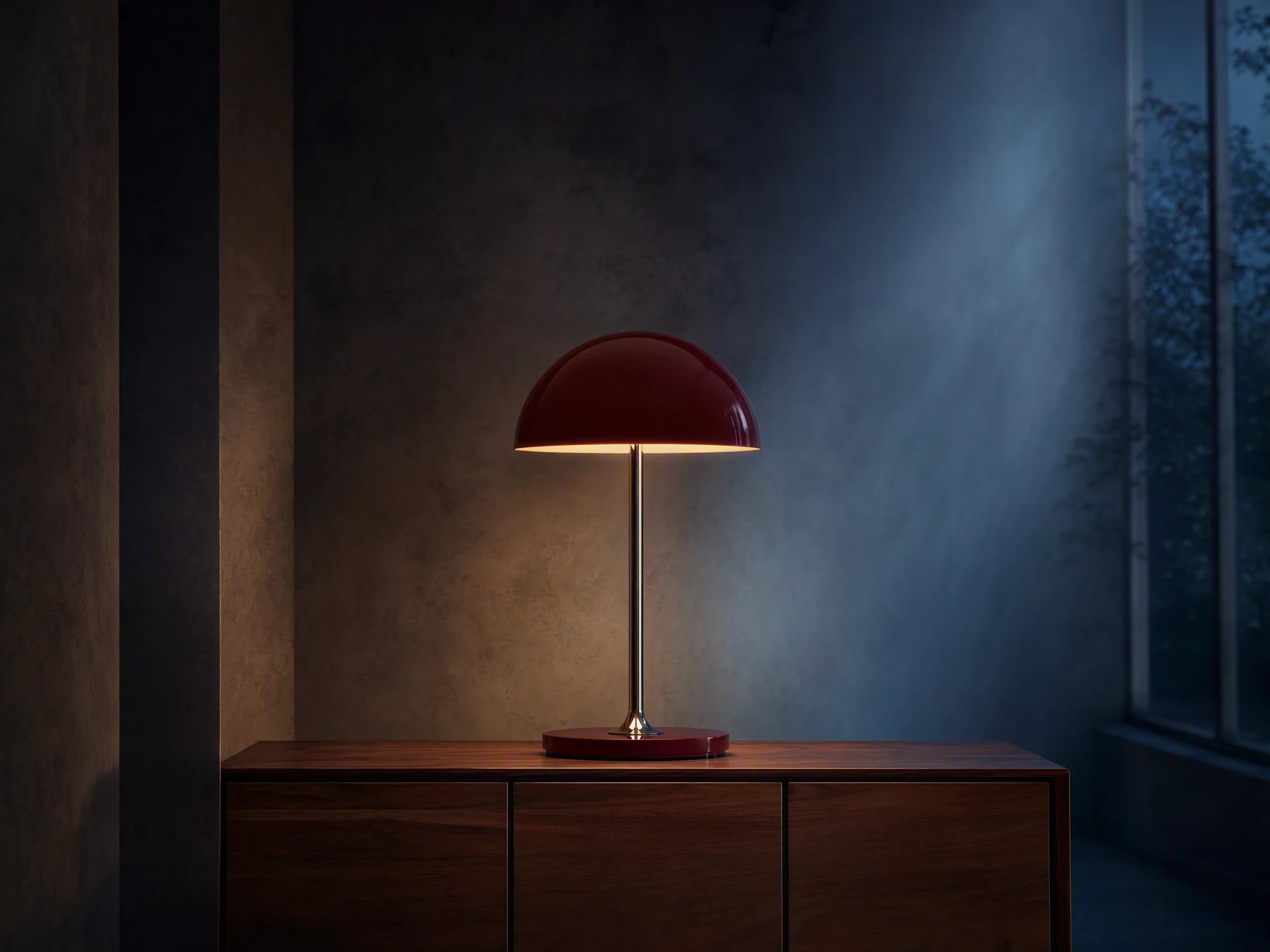 Cinematic campaign illustration of an oxblood table lamp in a blue-hour interior