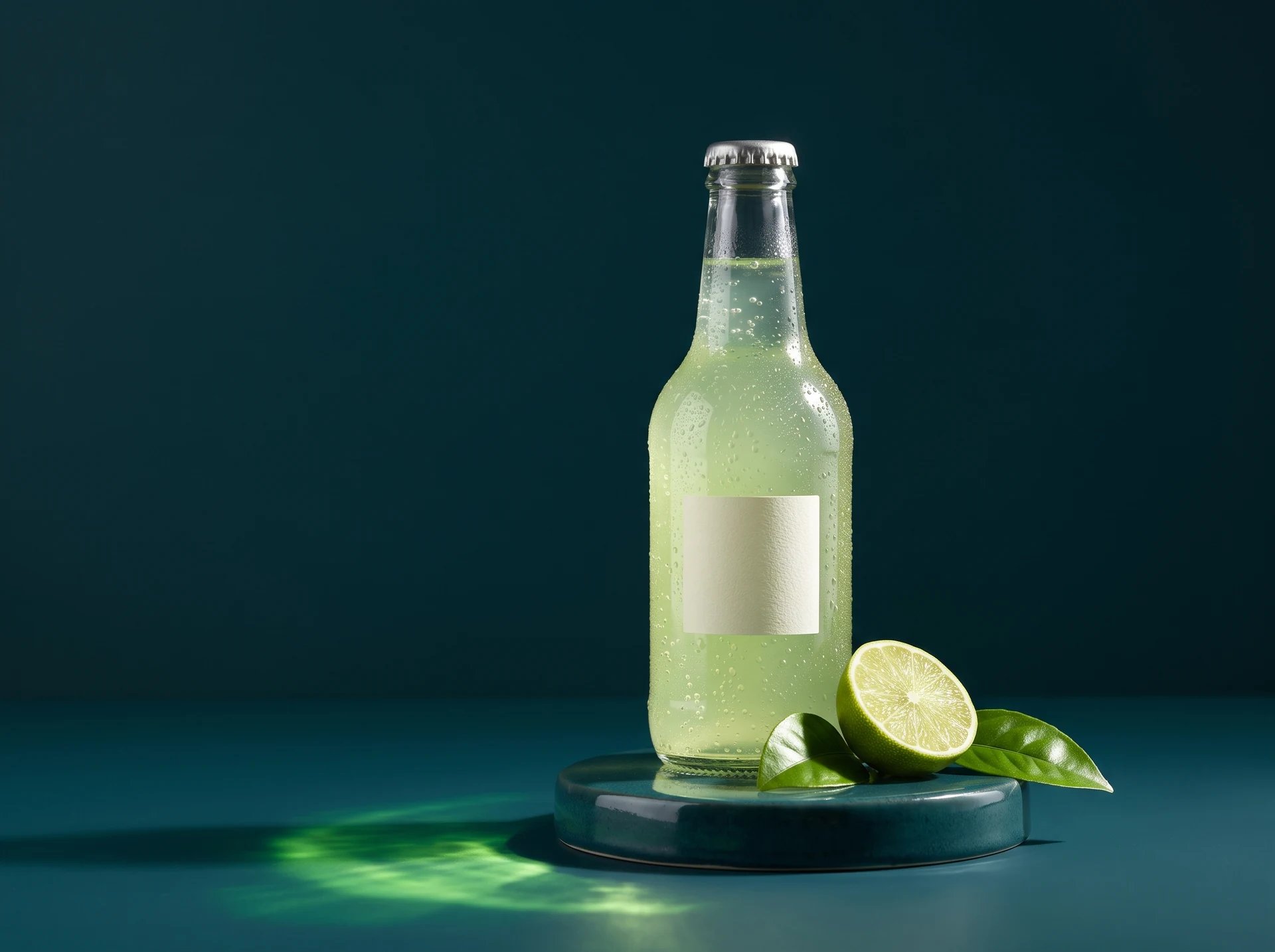Lime soda bottle and citrus on a teal plinth, generated with Nano Banana 2