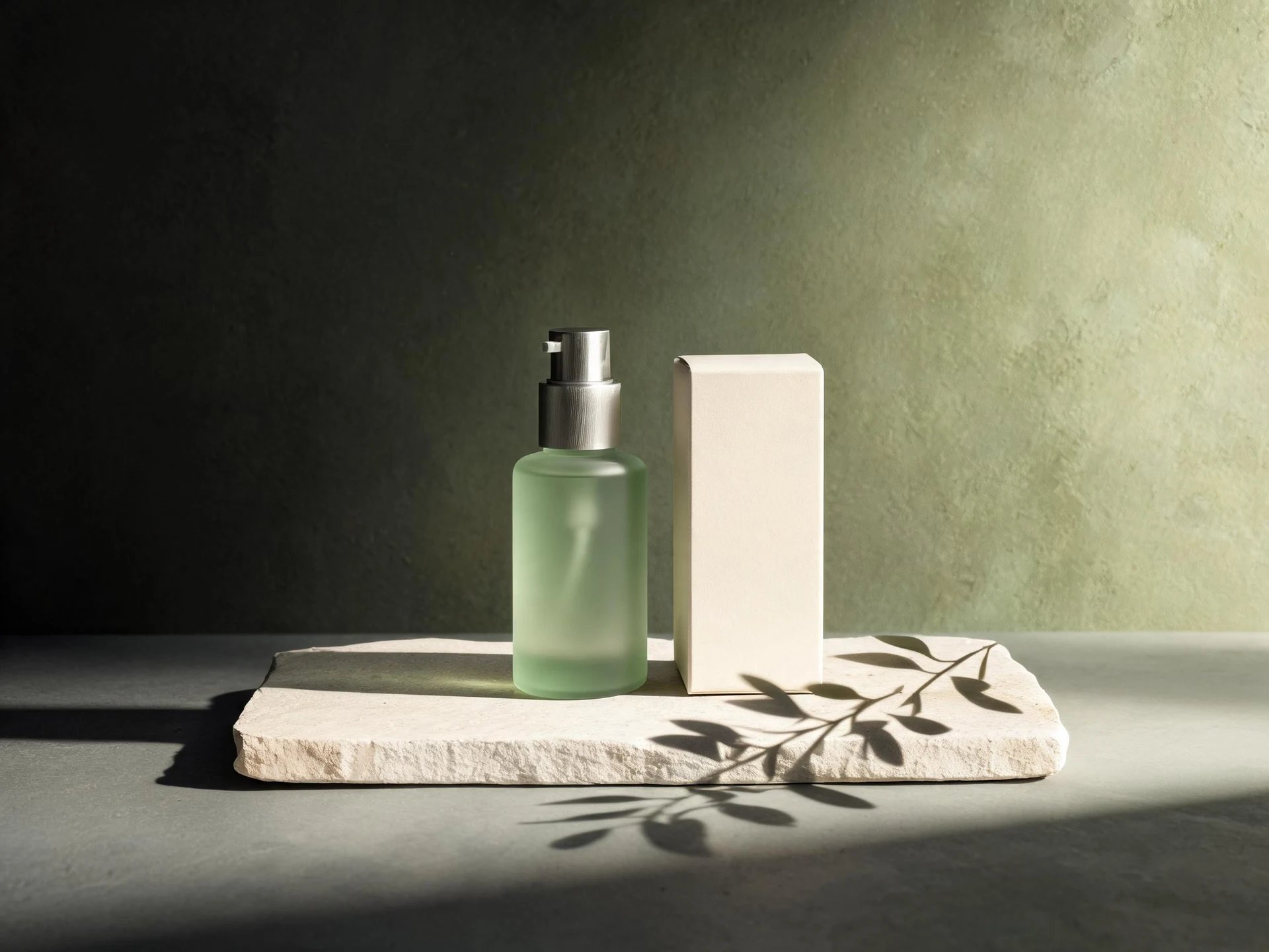 Sage-green serum bottle and ivory carton on limestone, generated with Seedream 5.0 Lite