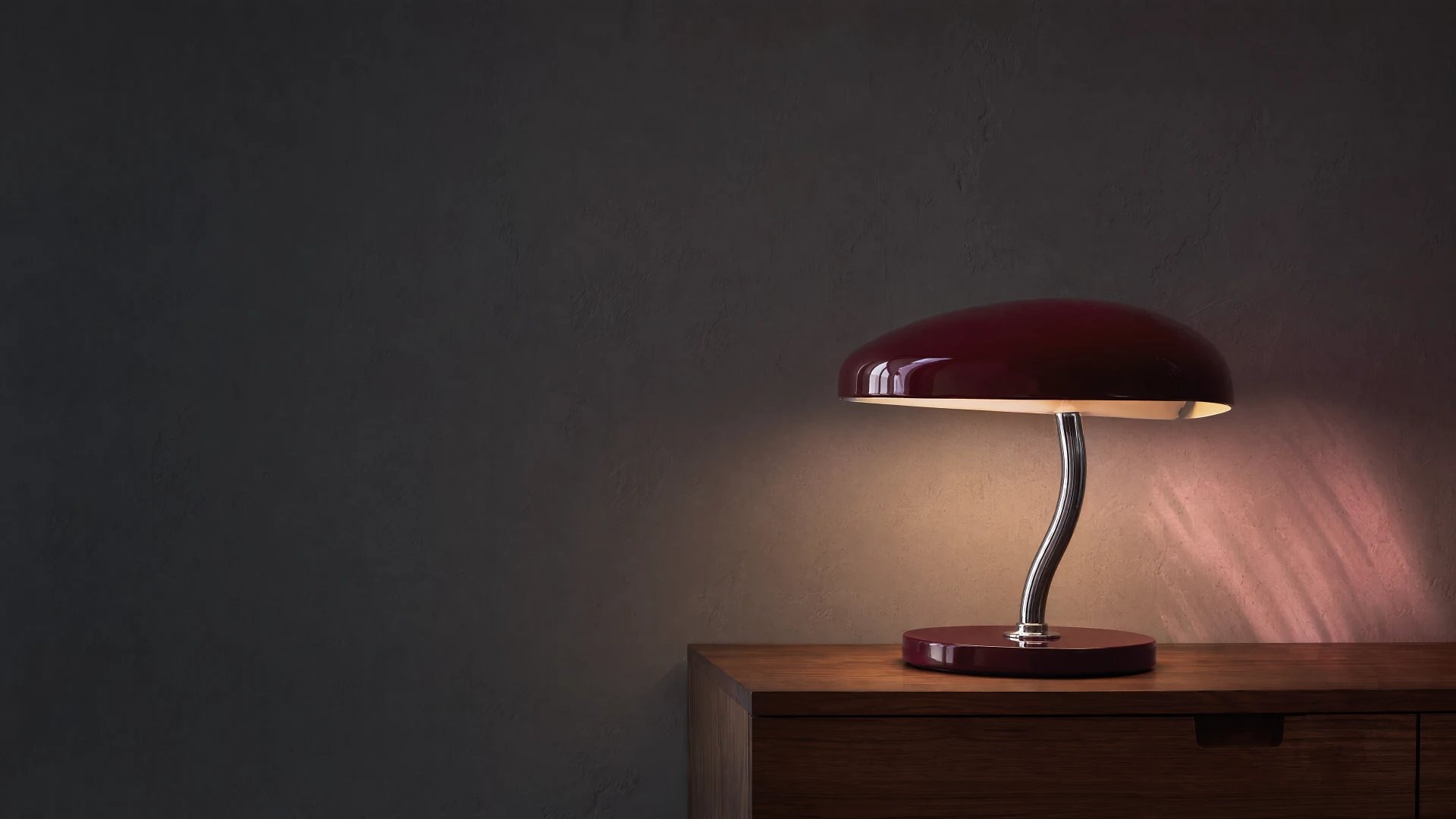 Oxblood sculptural table lamp on a walnut console, generated with GPT Image 2
