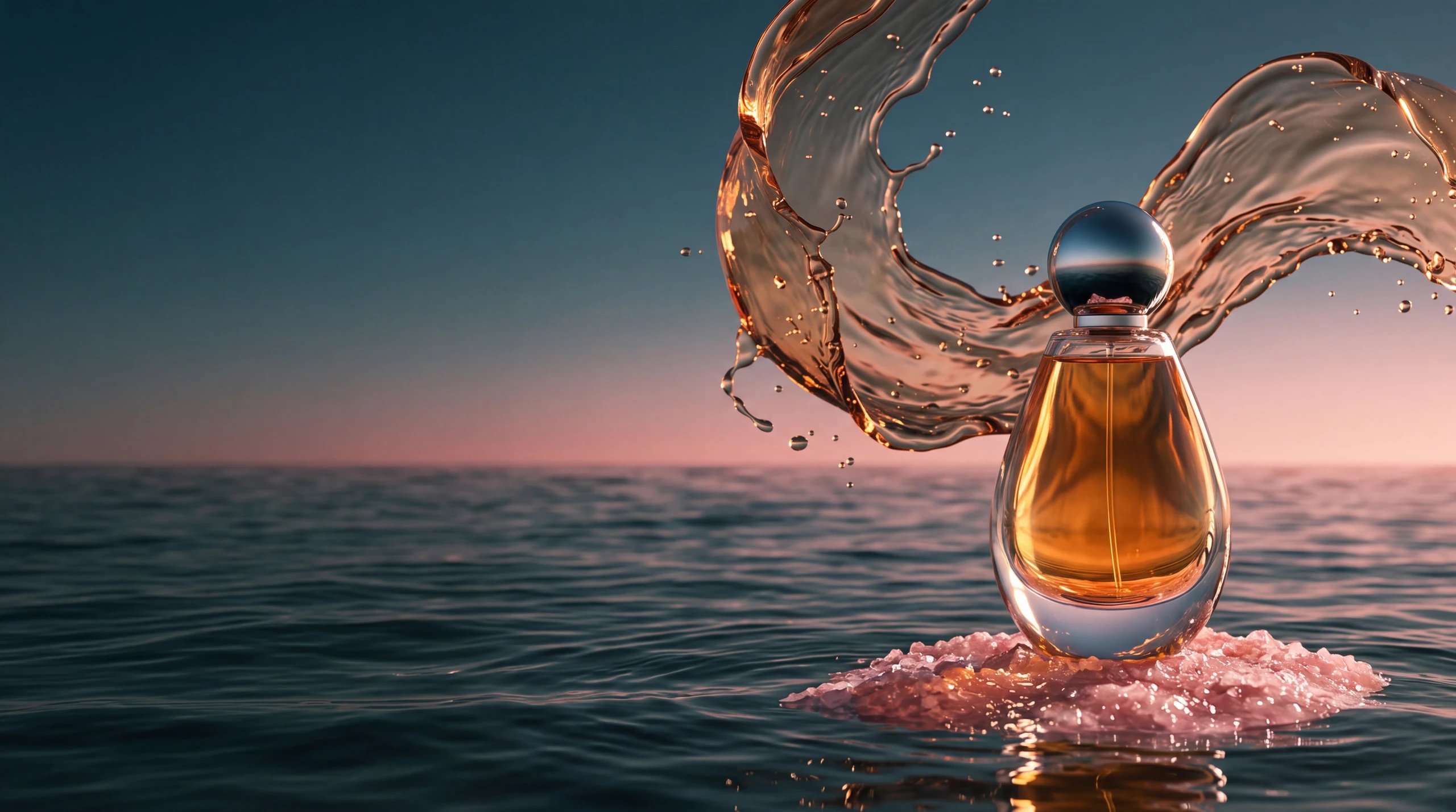 Campaña de perfume creada con Nano Banana 2.1, con un frasco de vidrio, una ola ámbar suspendida y un océano jade oscuro