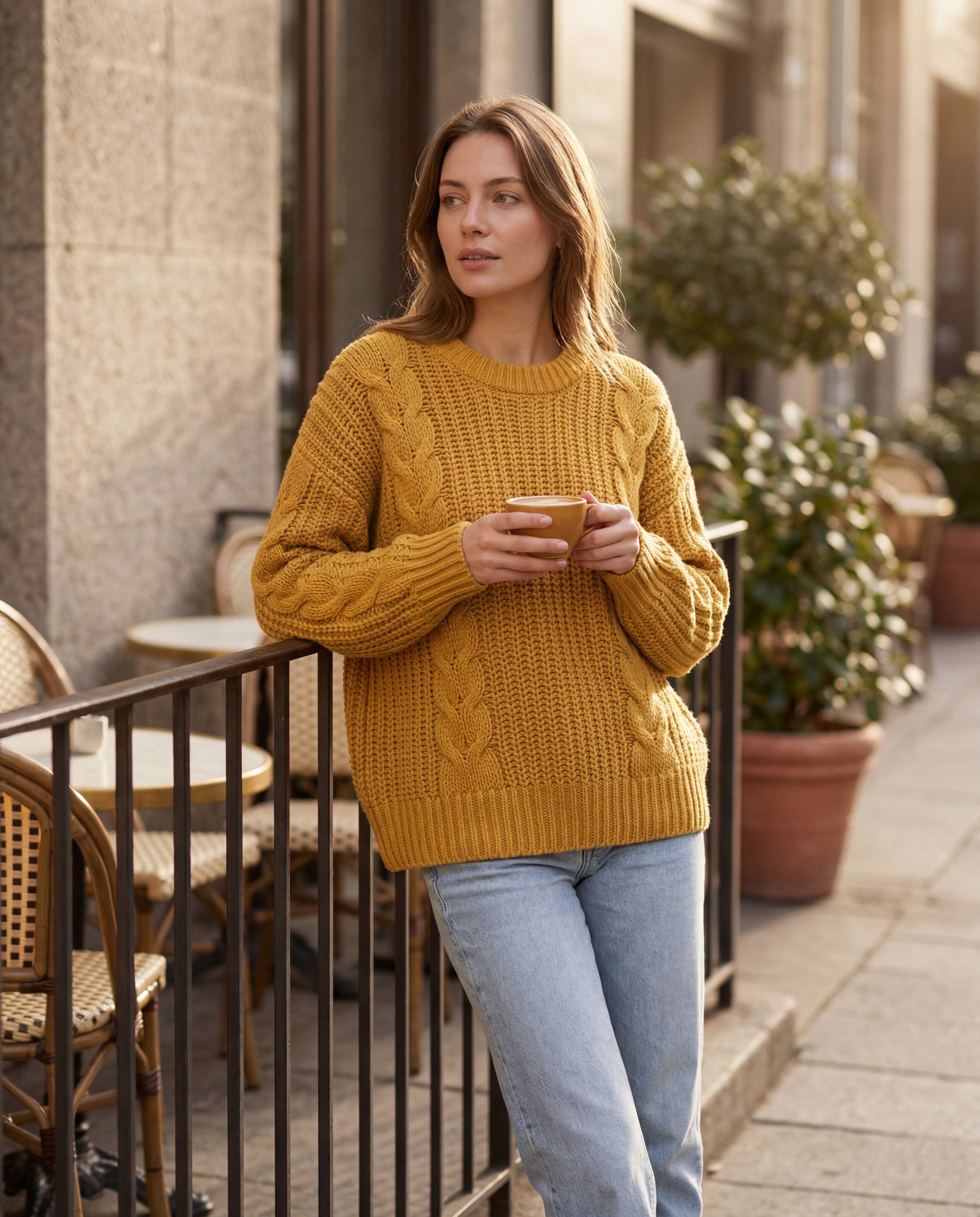 Lifestyle apparel photo of a model wearing a chunky mustard-yellow oversized sweater outside a cafe terrace