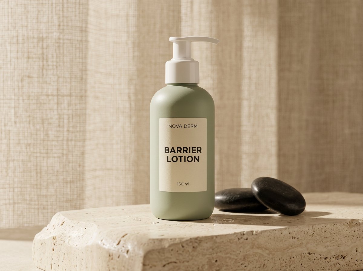 The green skincare bottle in a styled stone and linen setting