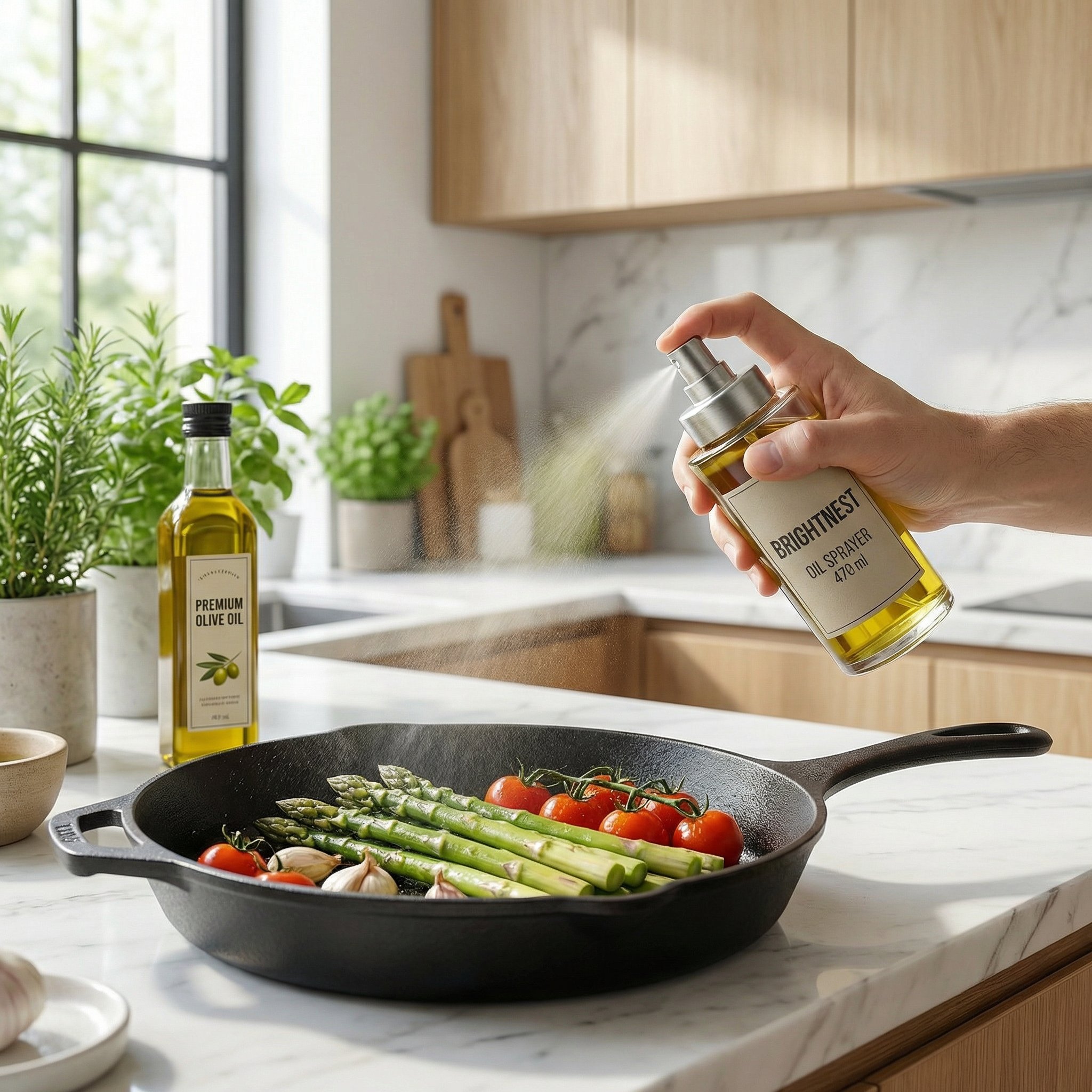 Lifestyle Amazon listing image showing the Brightnest oil sprayer in a bright modern kitchen