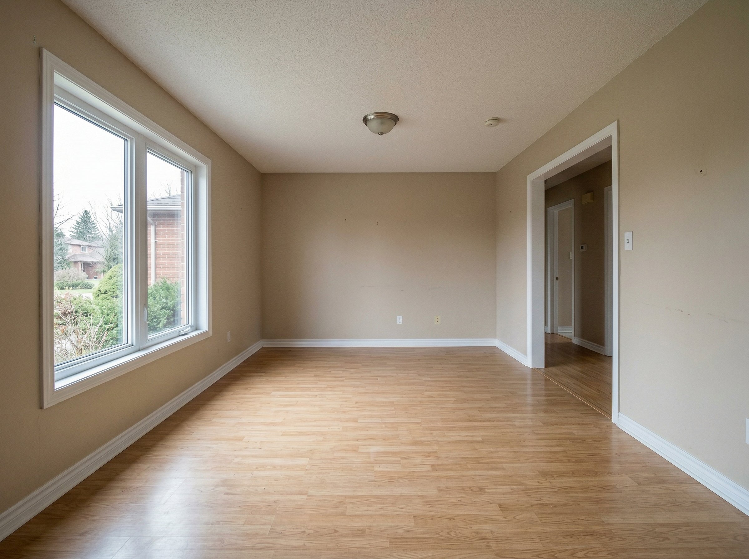 Empty living room photo with beige walls, light oak flooring, and a large window before virtual staging