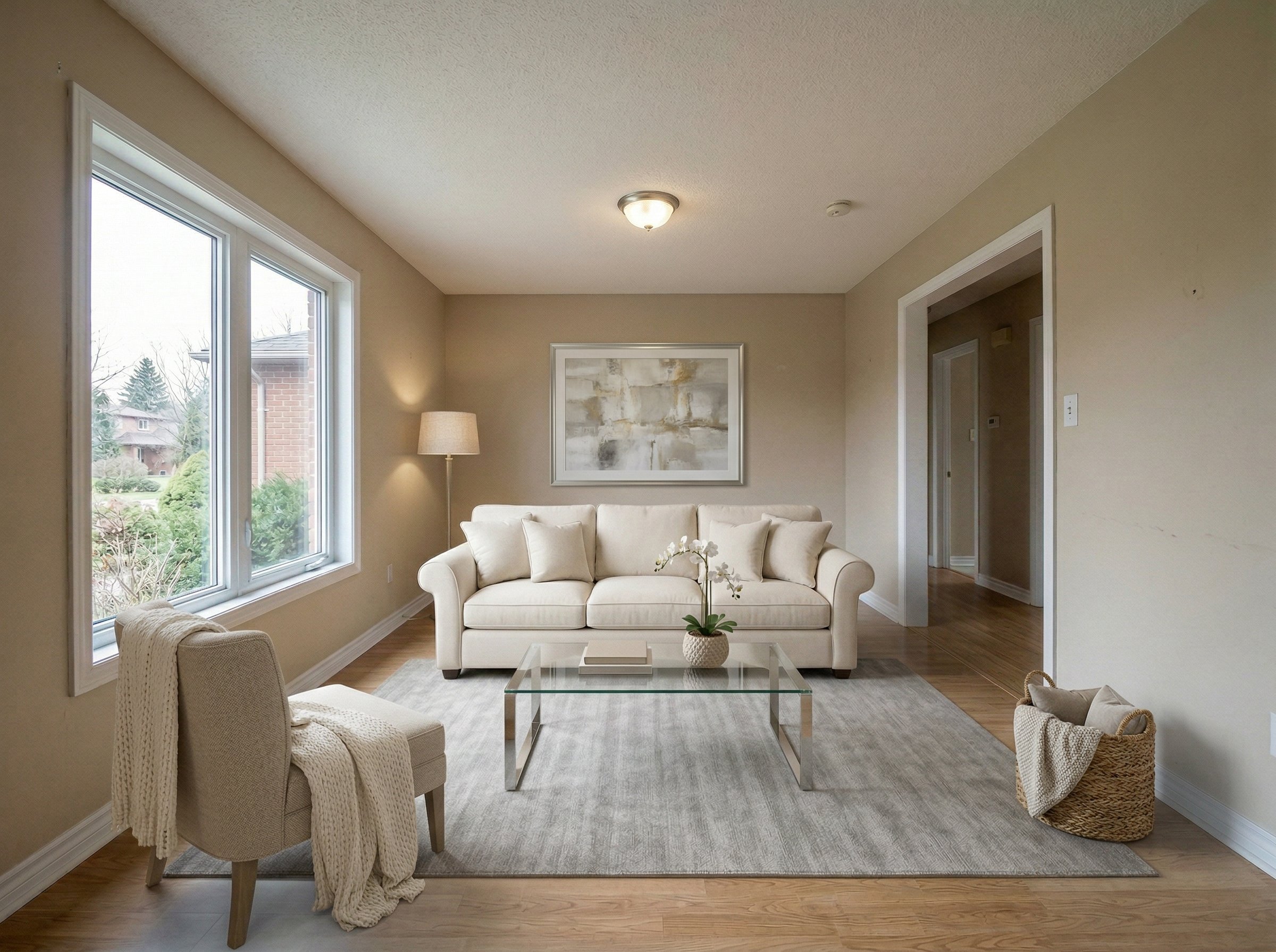 Virtually staged transitional living room with a cream sofa, glass coffee table, and neutral rug for a property listing