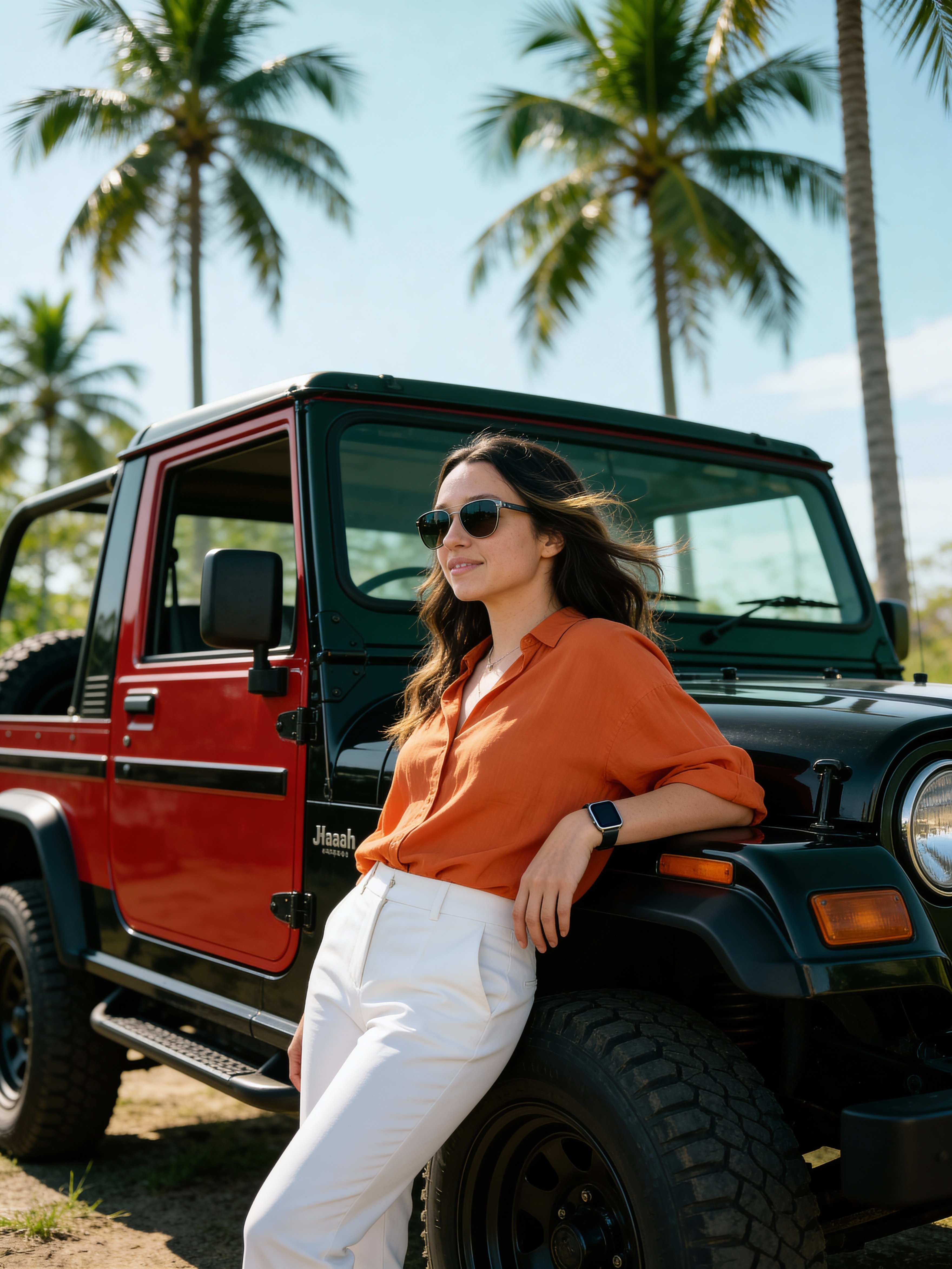 Ejemplo: retrato cinematográfico apoyada en un SUV vintage