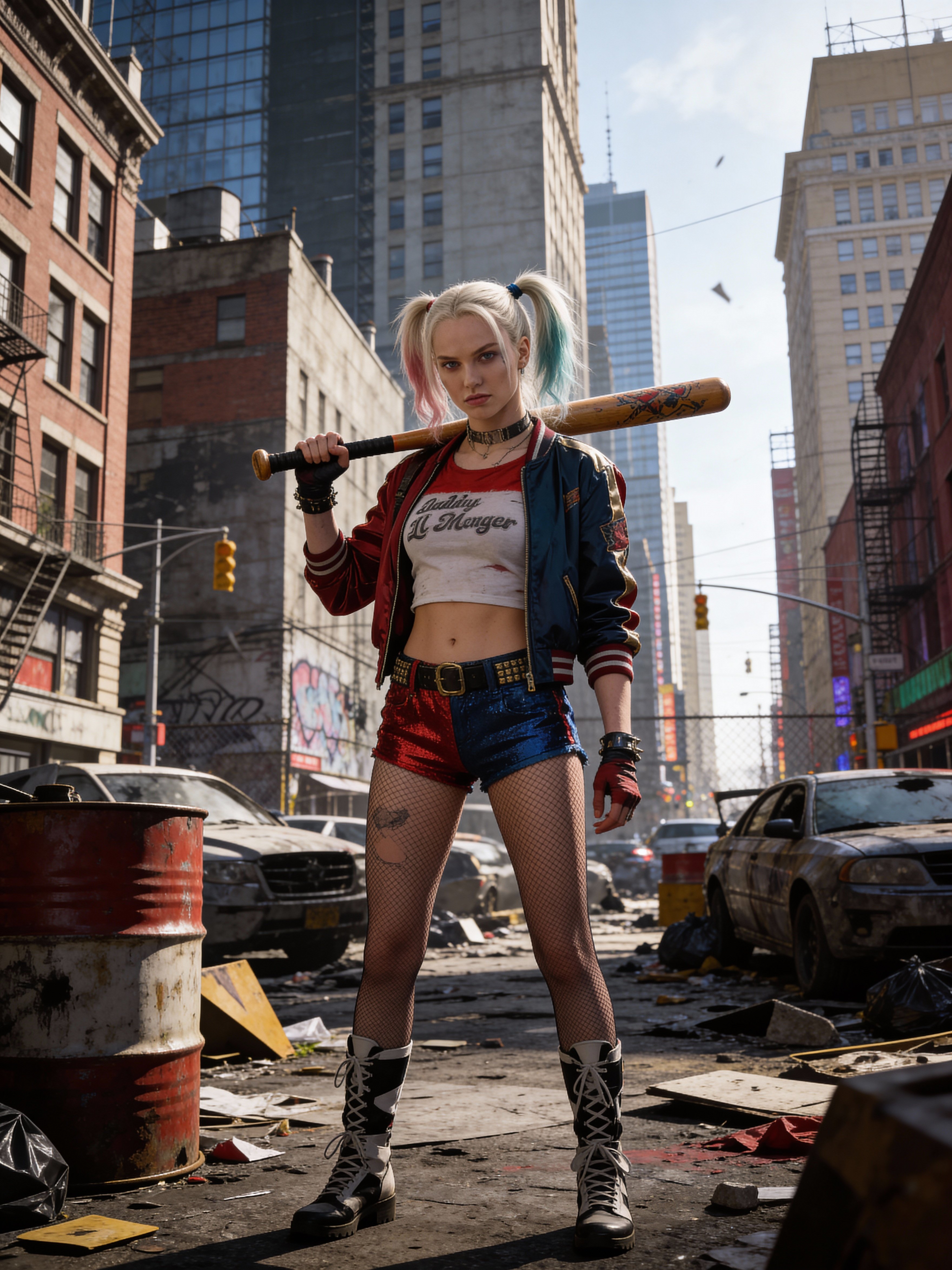 Ejemplo: retrato inspirado en Harley Quinn con bate y colores intensos