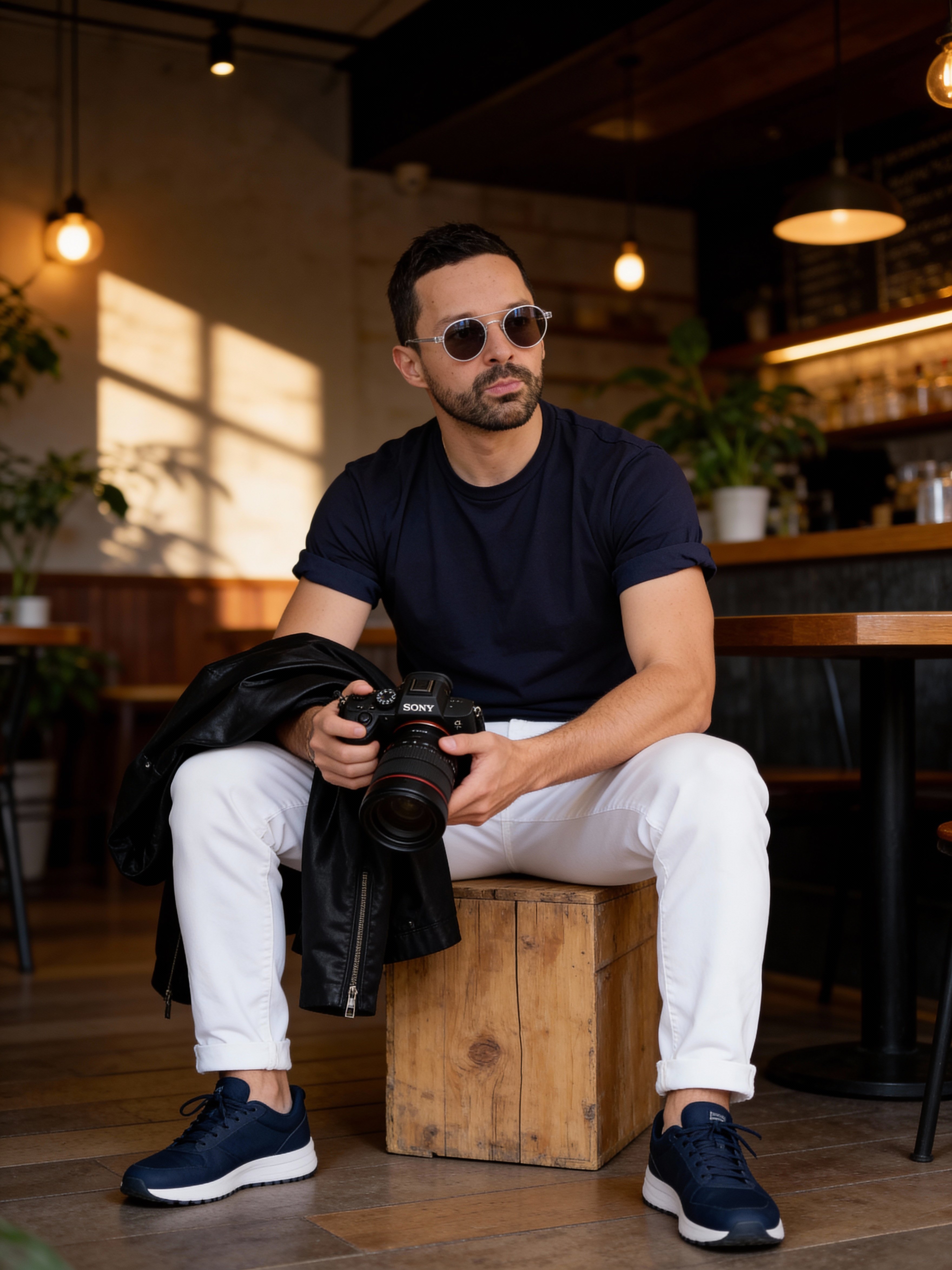 Ejemplo: retrato en café sosteniendo una cámara