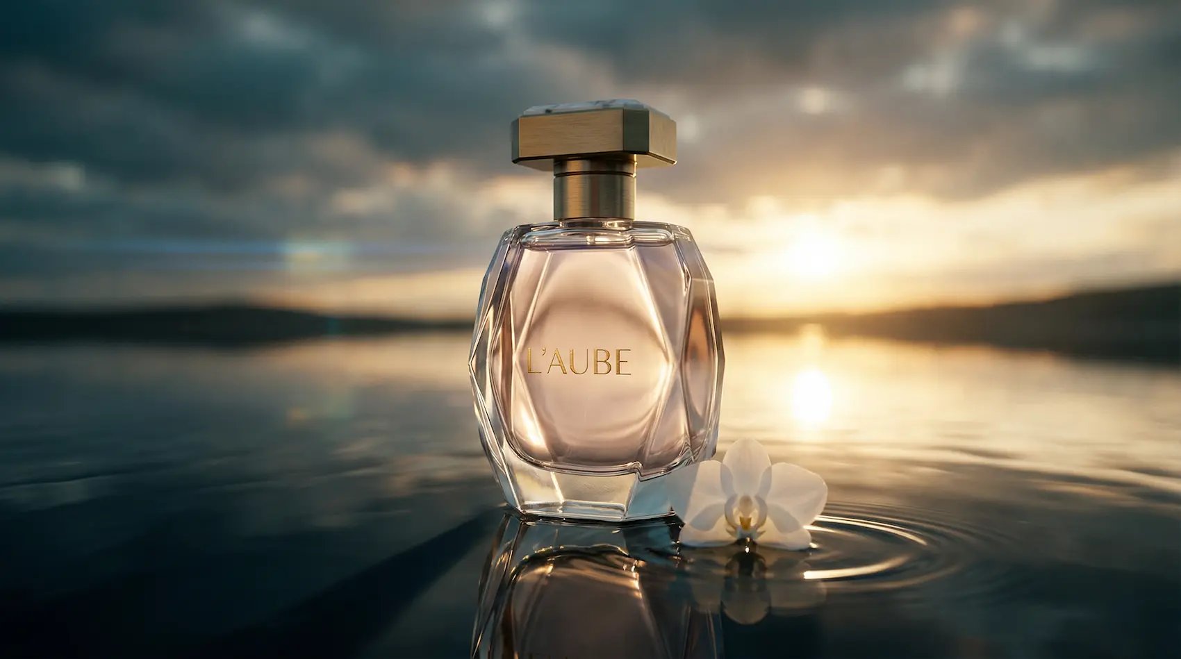 Ejemplo: fotografía cinematográfica de perfume sobre superficie reflectante