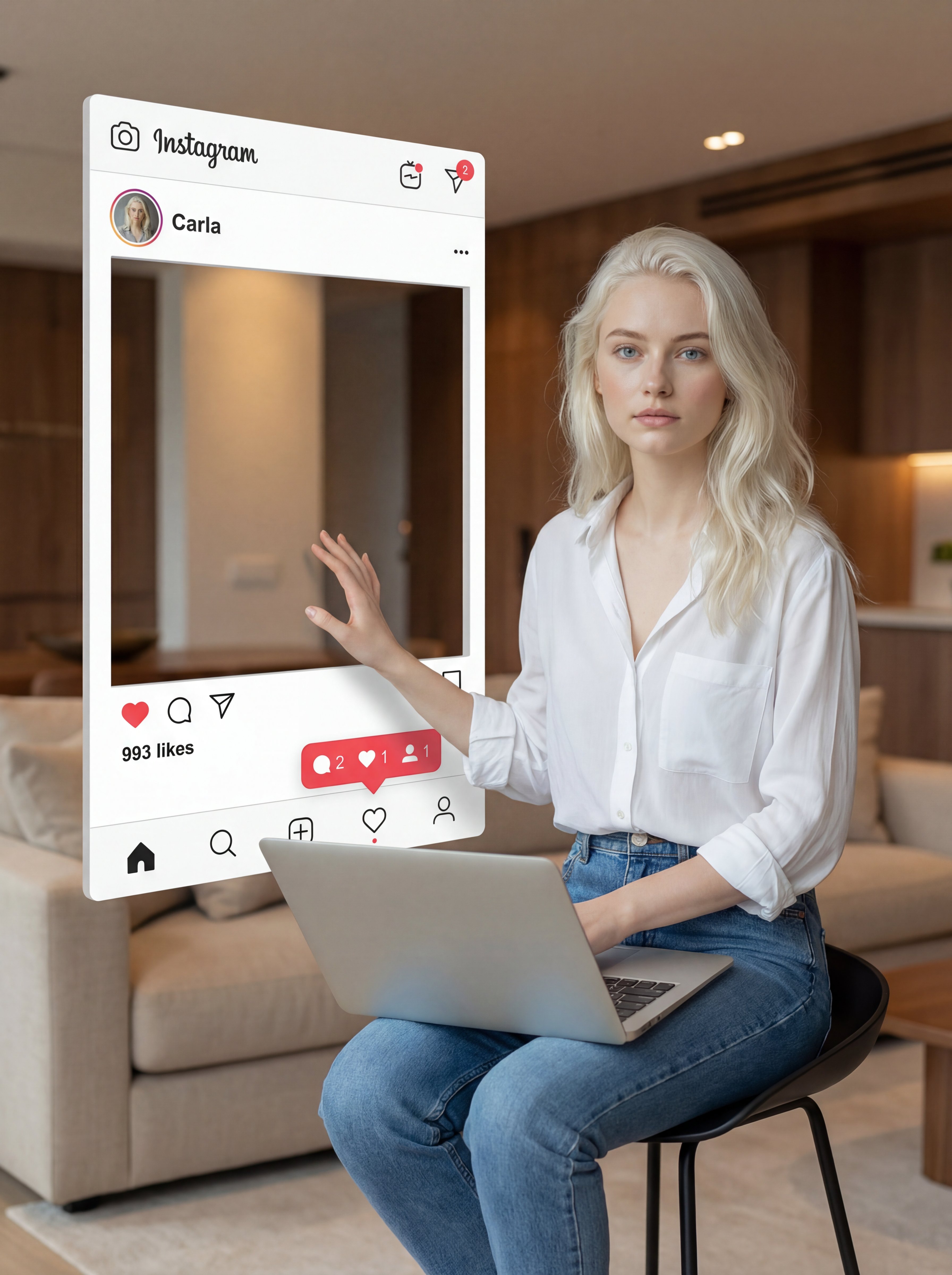 Ejemplo: retrato de creadora dentro de una tarjeta tipo Instagram