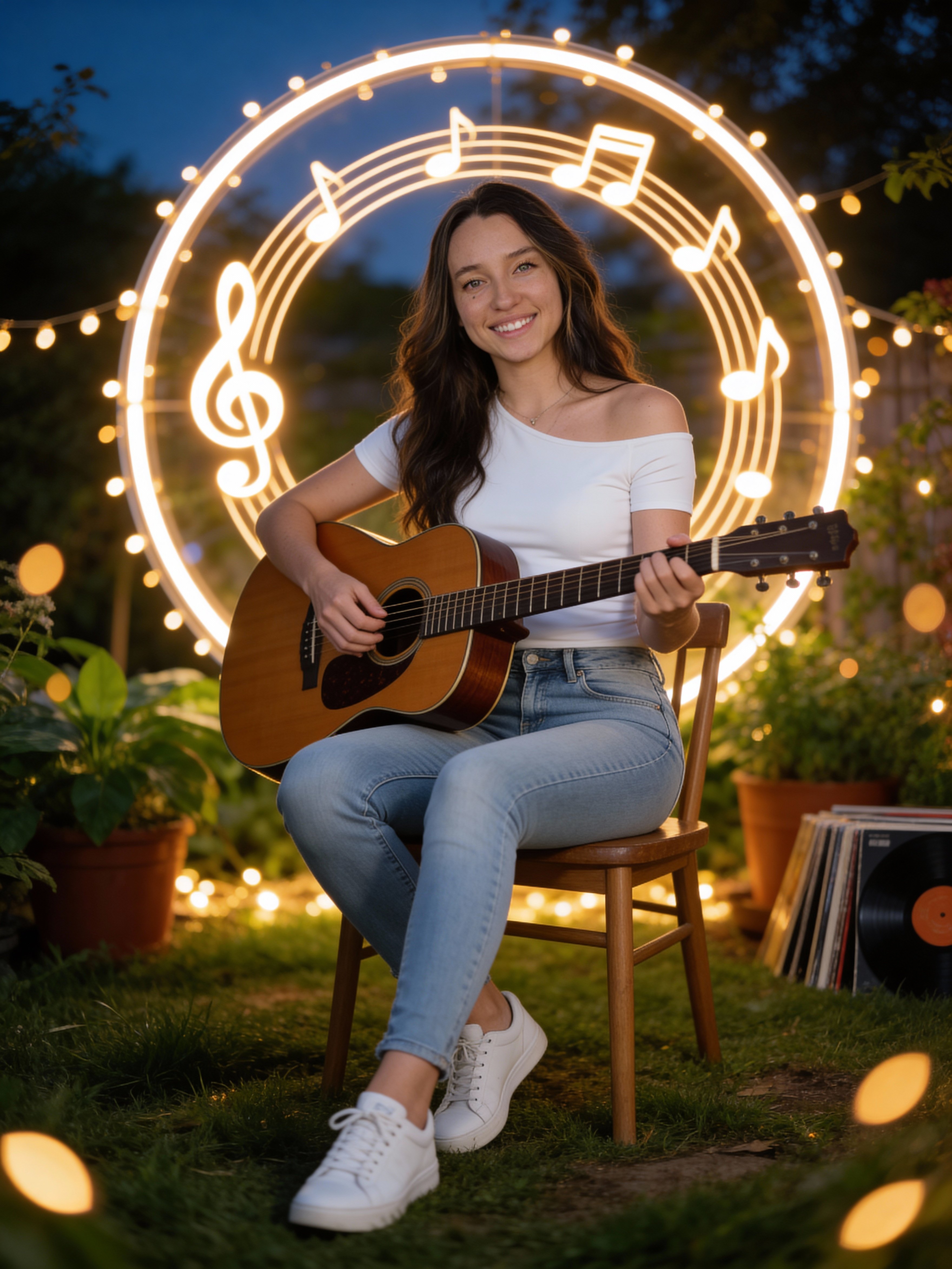 Ejemplo: retrato de guitarra al aire libre con halo musical de neón