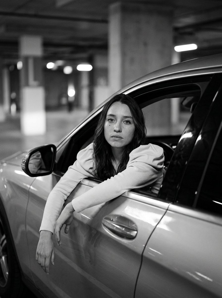 Example: black-and-white luxury car portrait