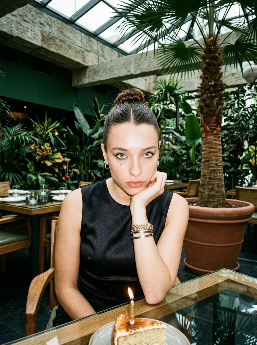 Example: greenhouse restaurant flash portrait with candlelit cake
