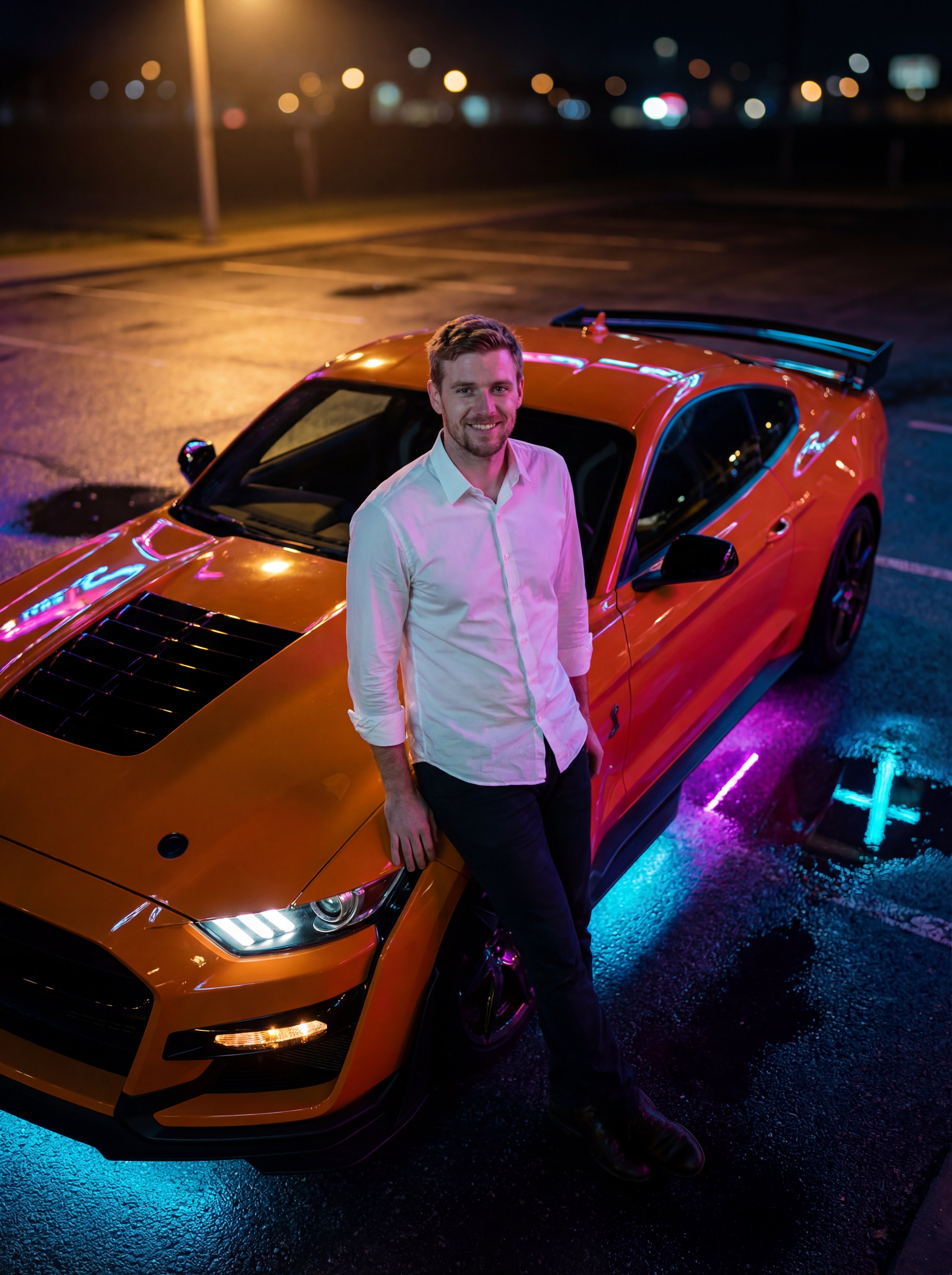Ejemplo: retrato nocturno con Mustang neon