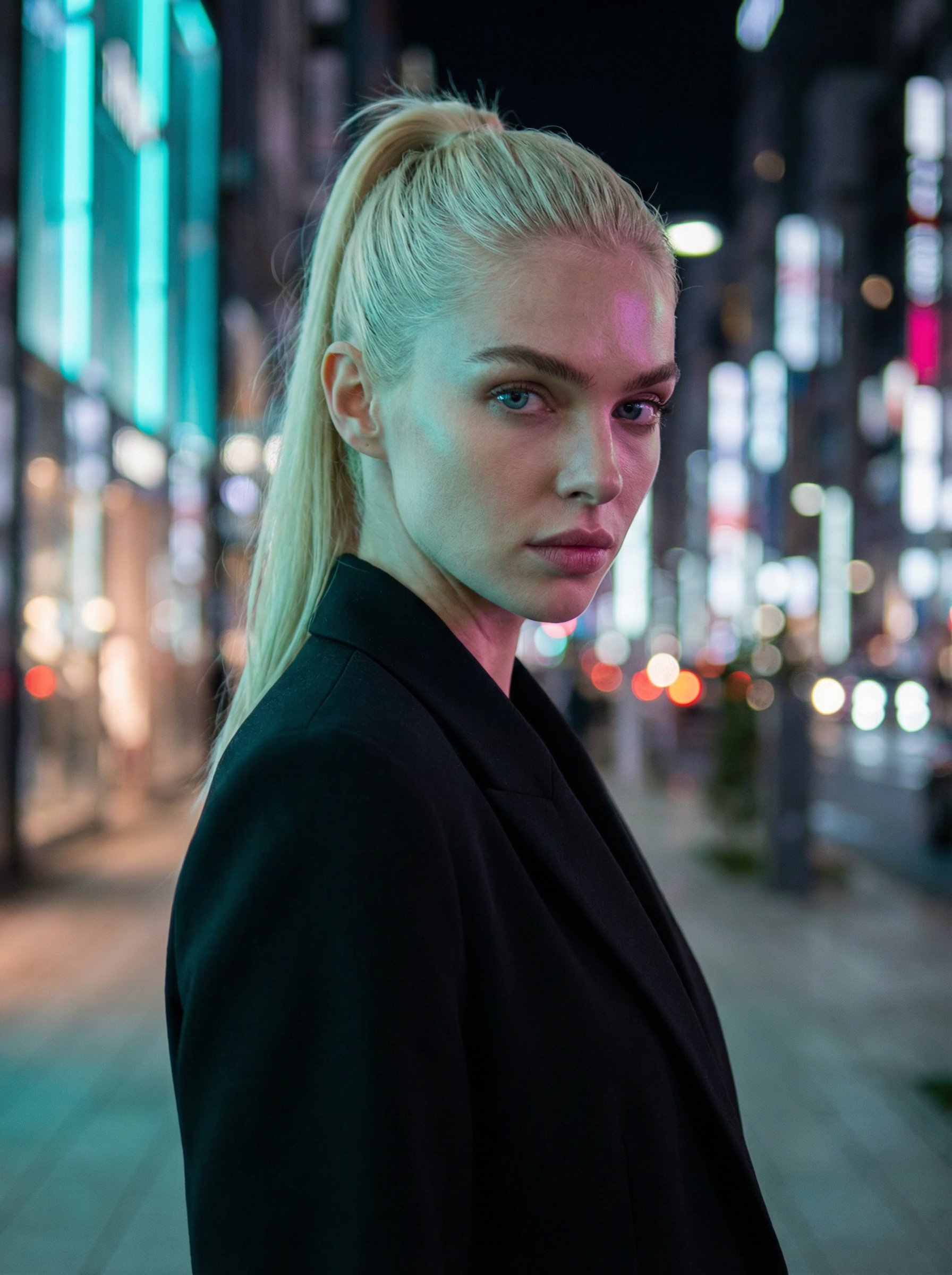 Ejemplo: retrato editorial de moda en distrito de lujo neón de Tokio