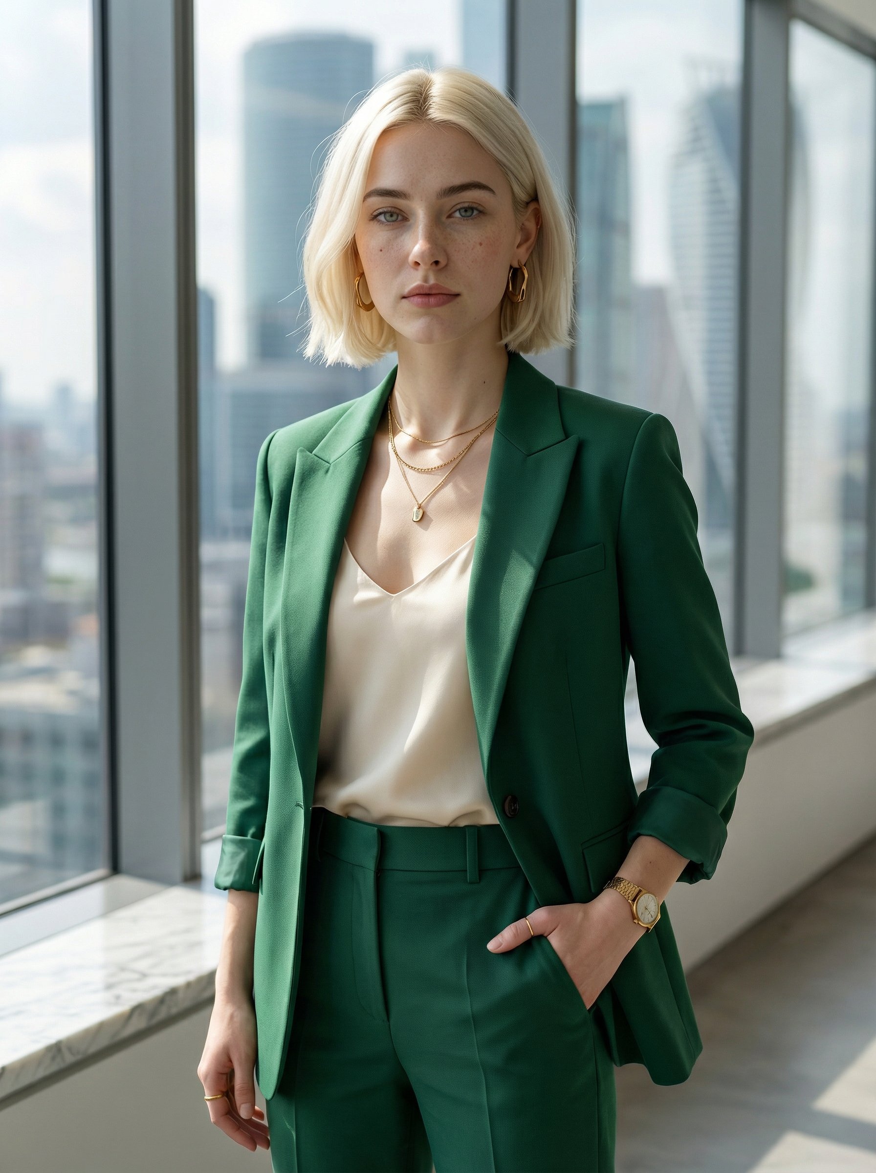 Ejemplo: retrato editorial corporativo en oficina con traje esmeralda