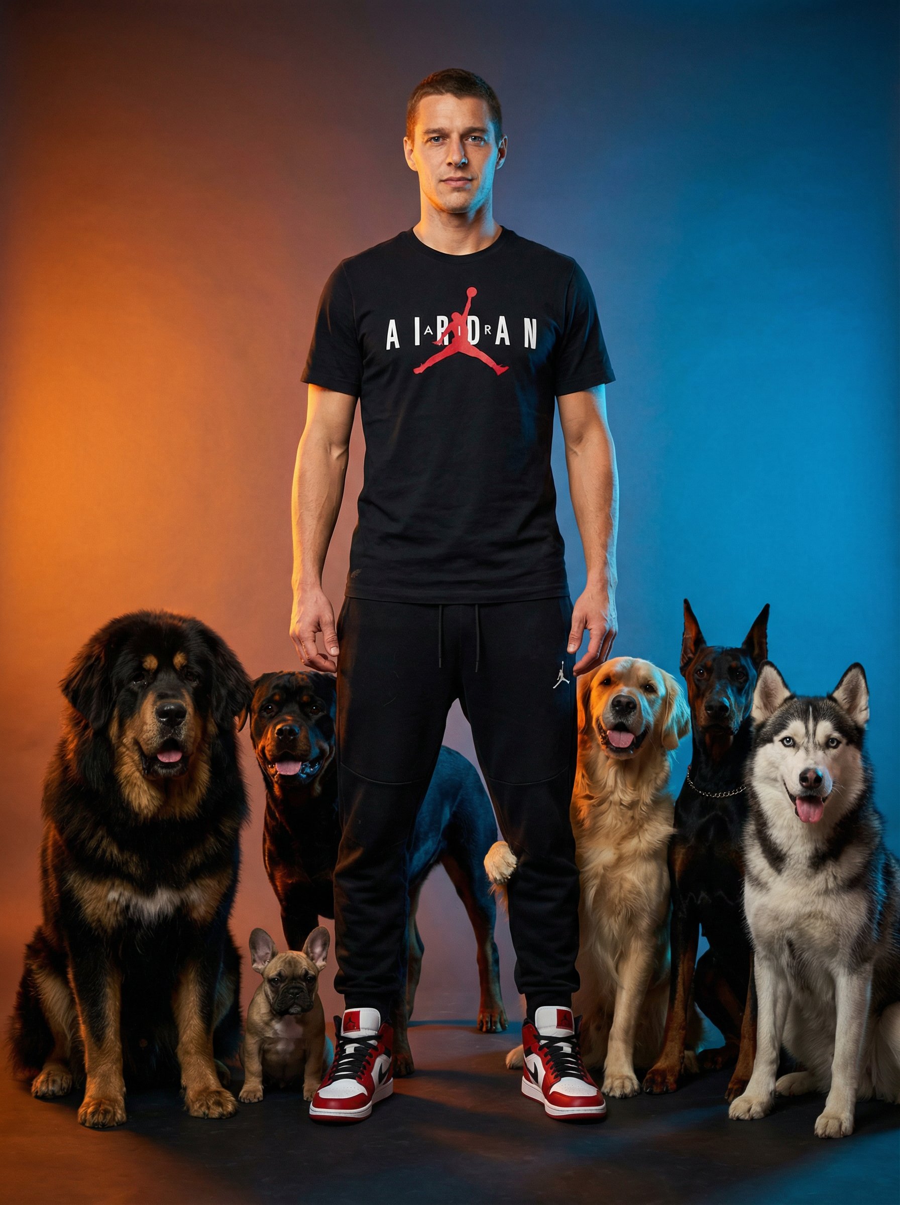 Ejemplo: retrato de campana en estudio con perros y Jordan