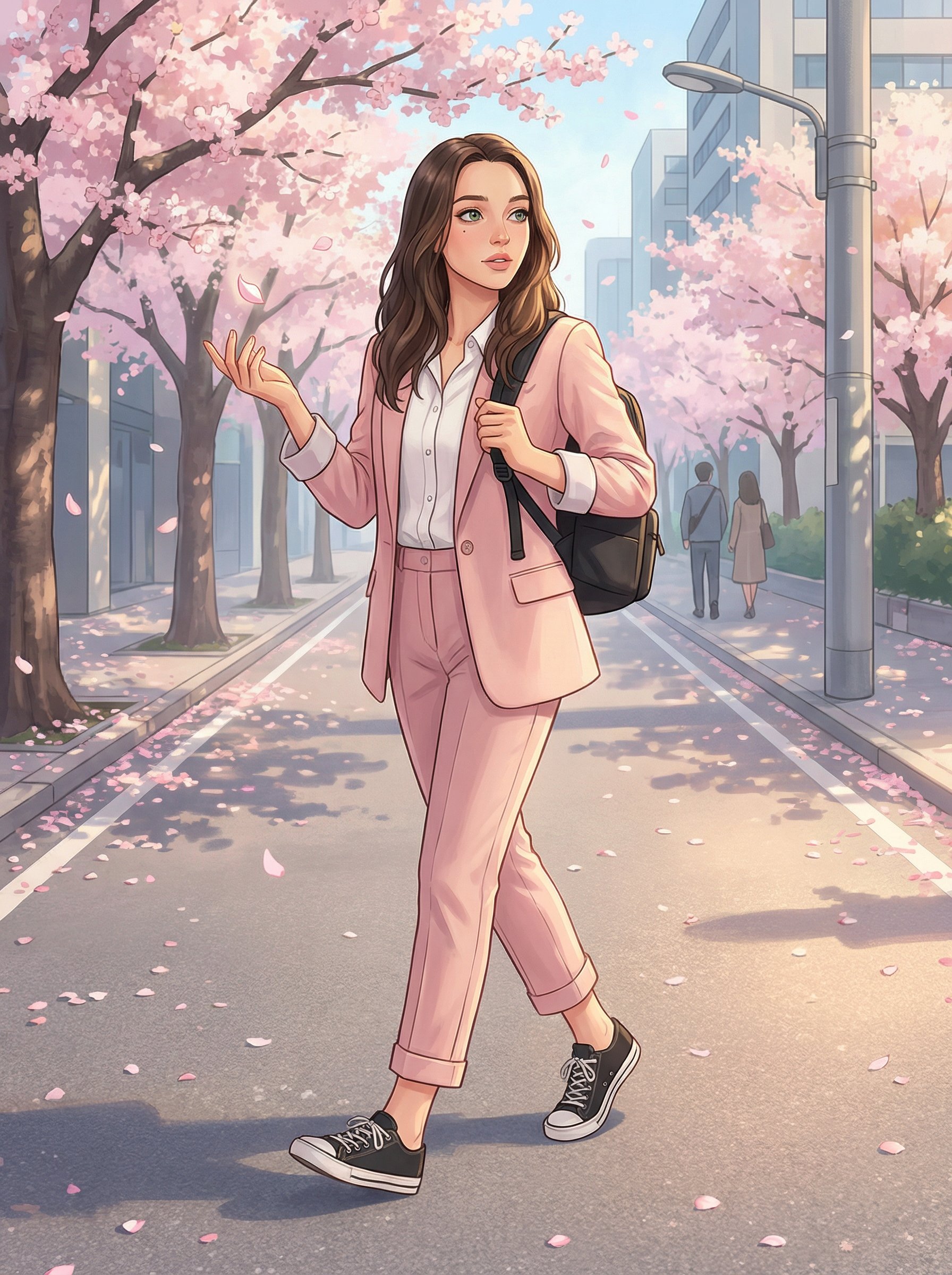 Ejemplo: ilustracion anime callejera con flores de cerezo