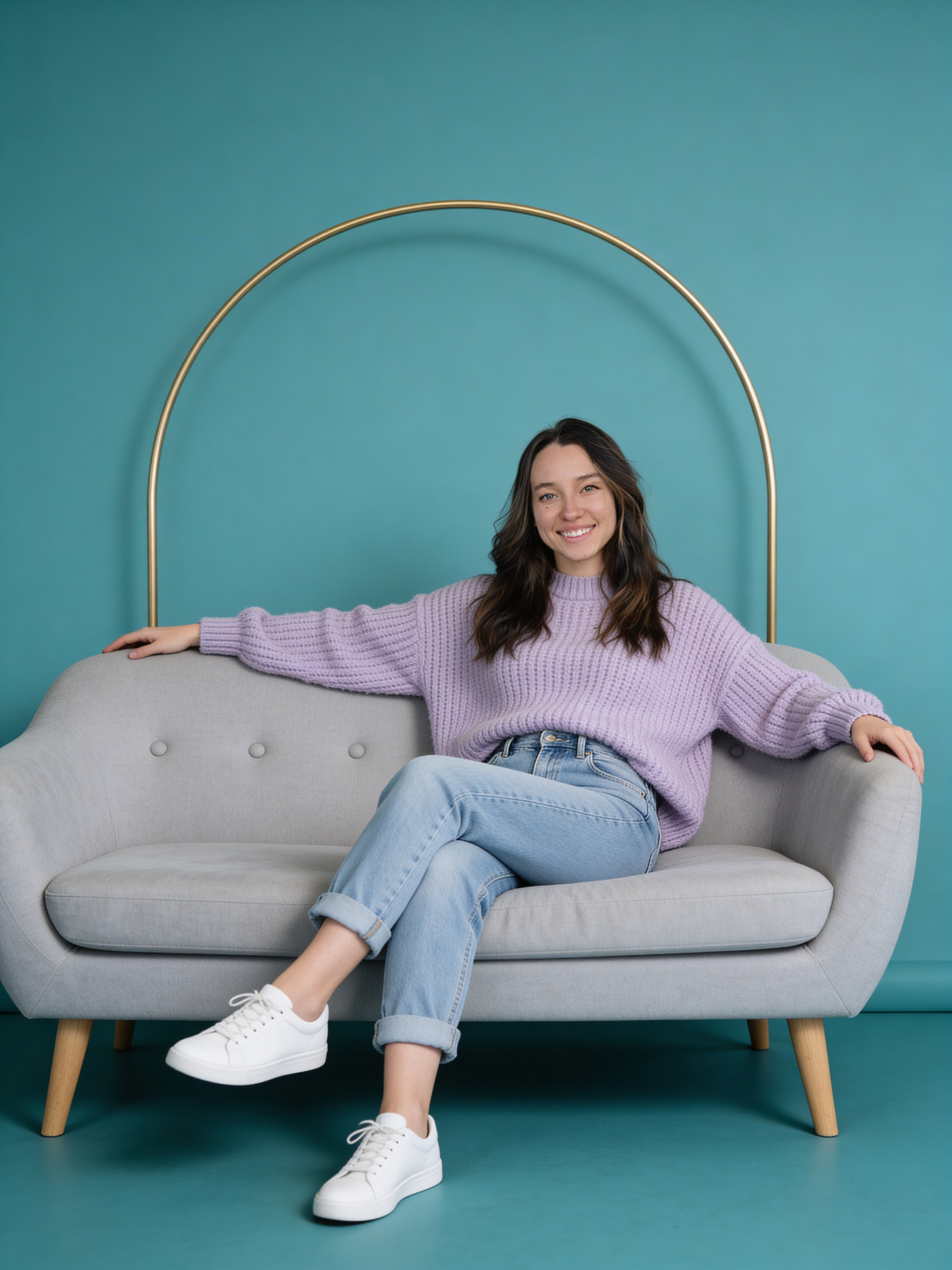 Ejemplo: retrato de estudio con sueter lavanda y fondo teal