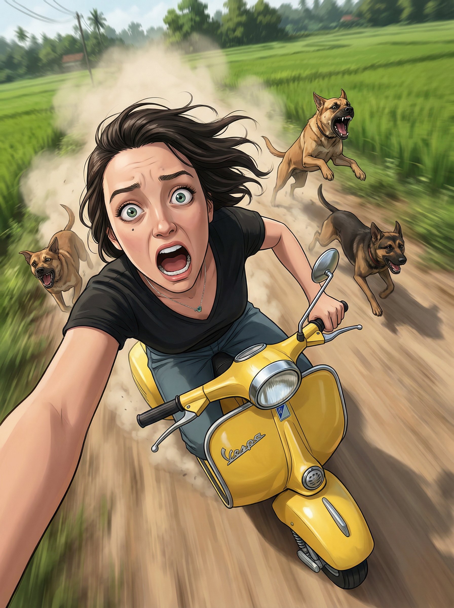 Ejemplo: selfie fisheye en Vespa con perro persiguiendo