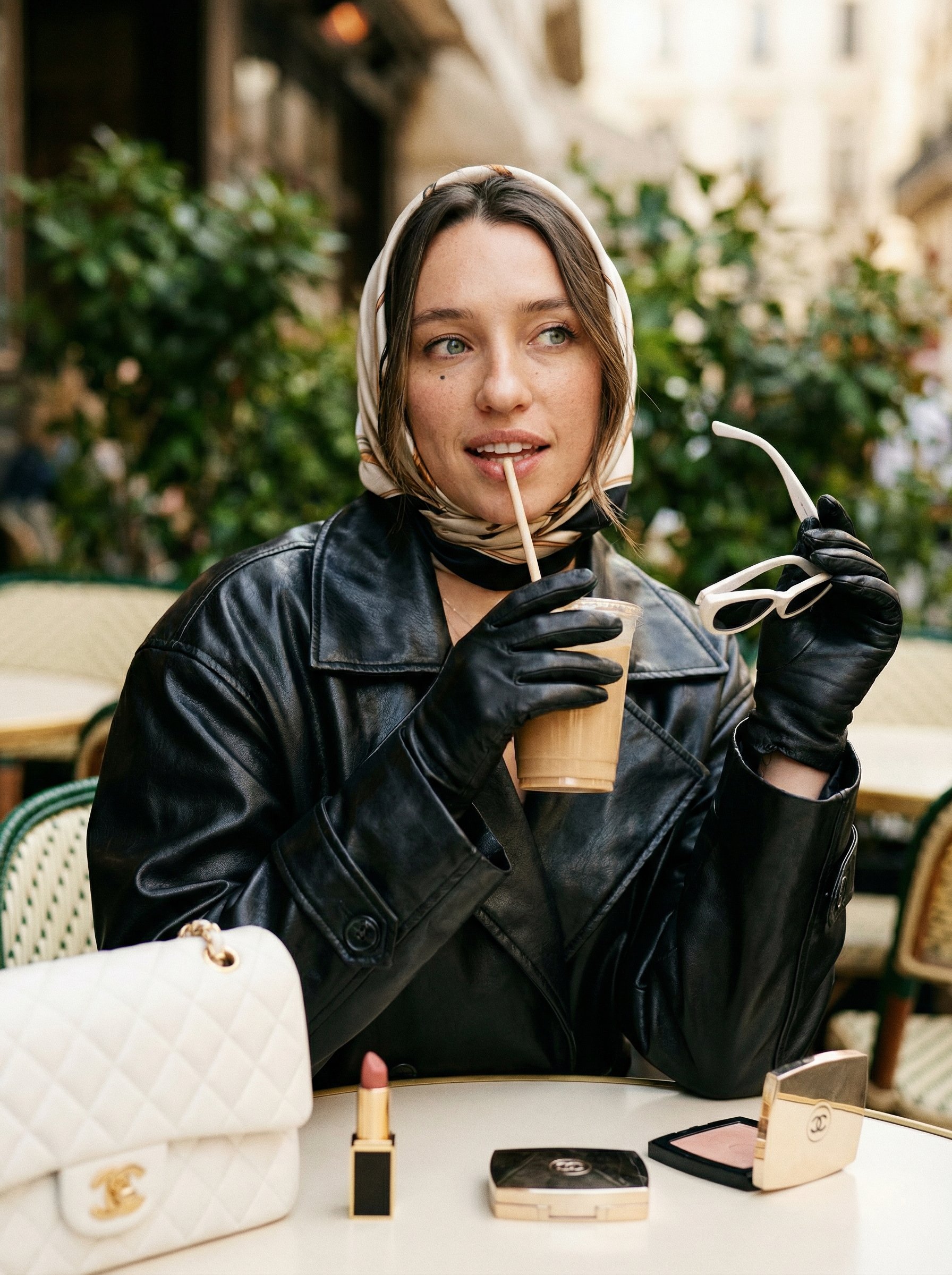 Example: black leather cafe editorial portrait